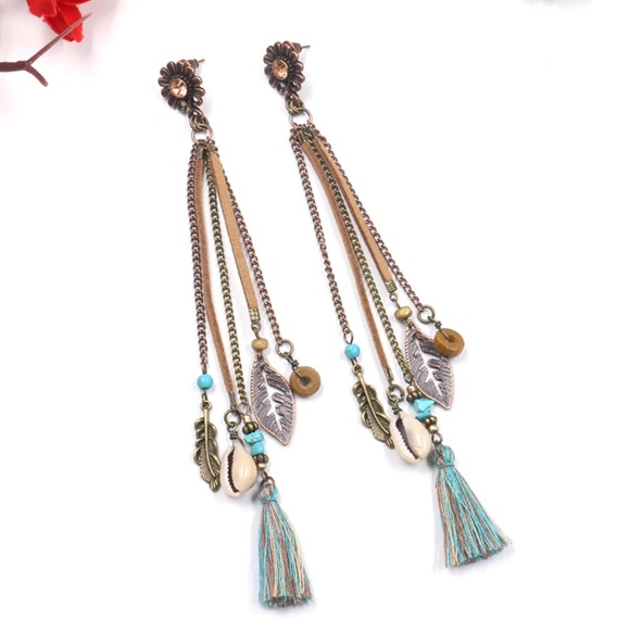 Leather Tassel Shell and Feather Boho Turquoise Earrings - Picture 5 of 7